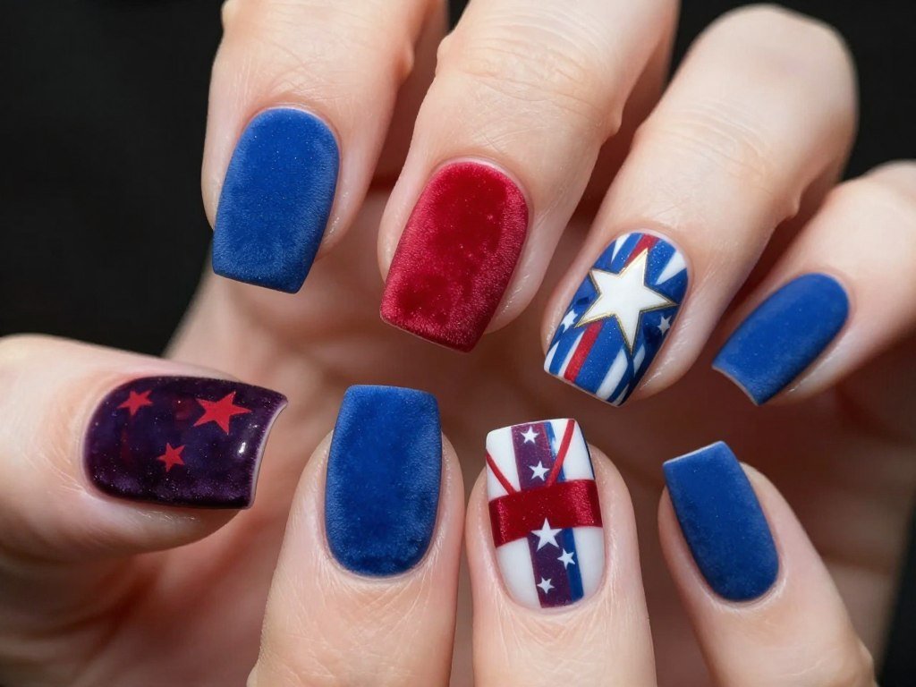 Velvet textured matte finish on patriotic nail colors with luxurious appearance