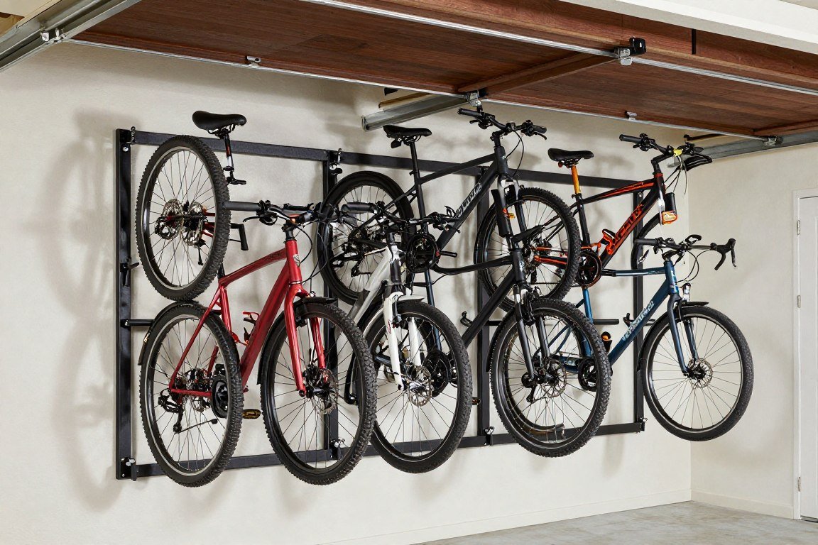 Vertical bike storage rack mounted on garage wall