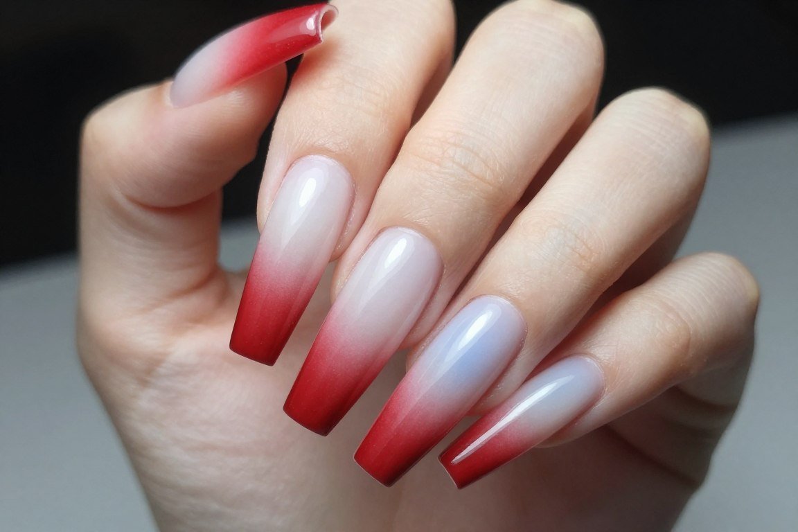 Vertical gradient ombre on long nails flowing from red to white to blue