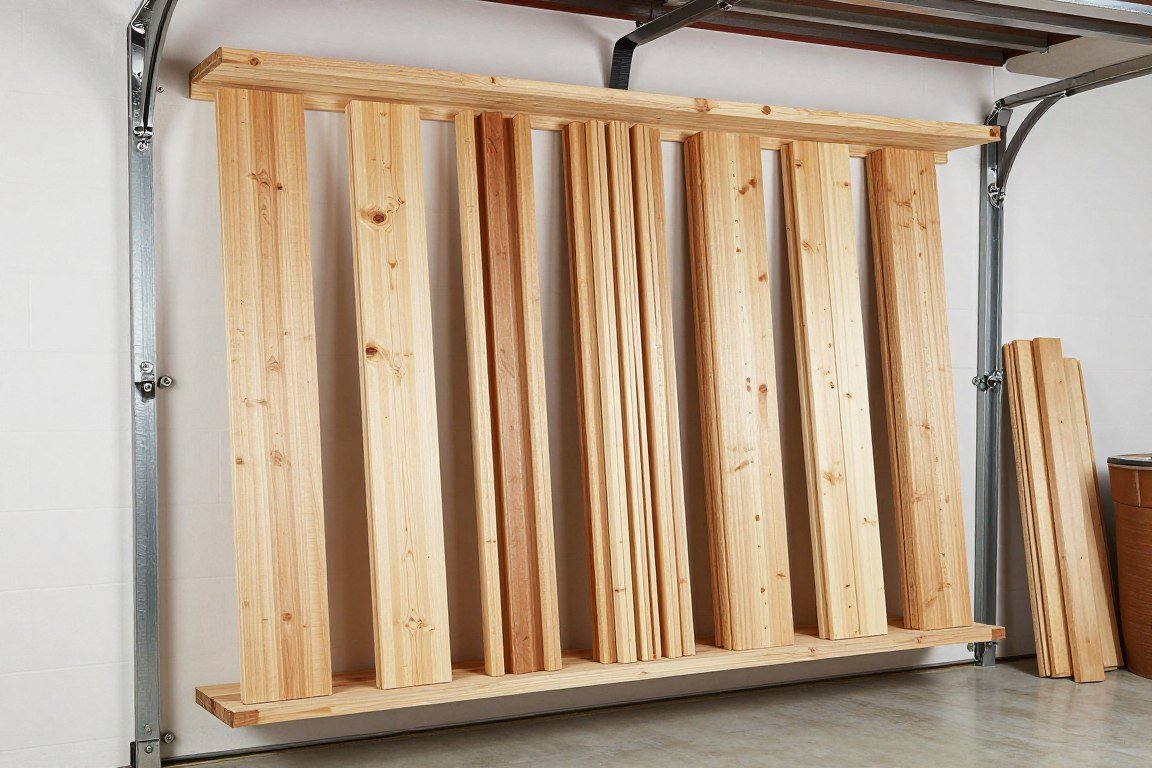 Vertical lumber storage rack in garage