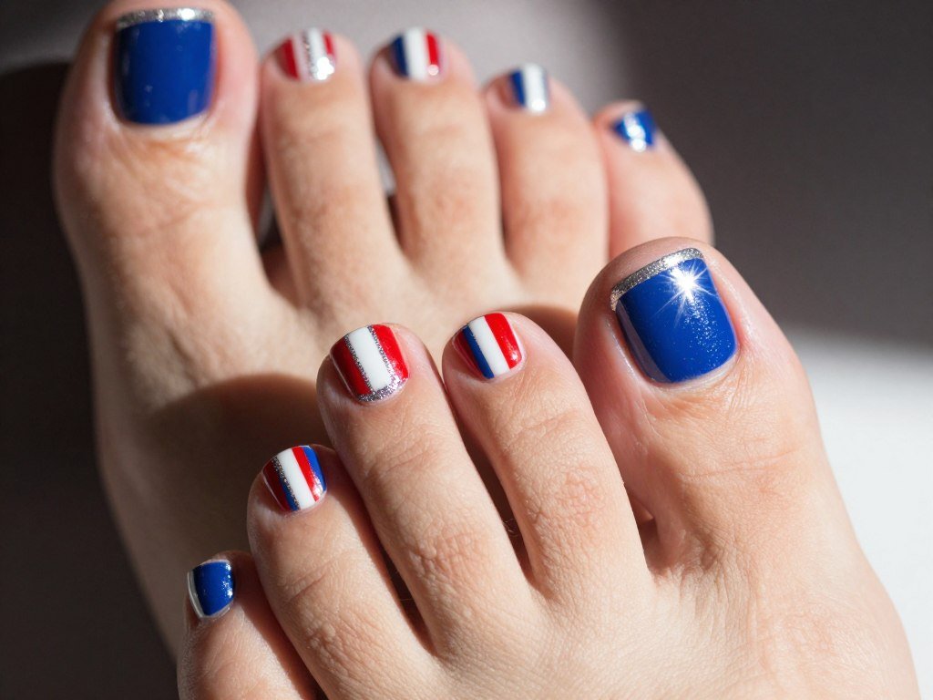 Vertical striped toe nails in red white and blue with silver glitter accents for sparkle
