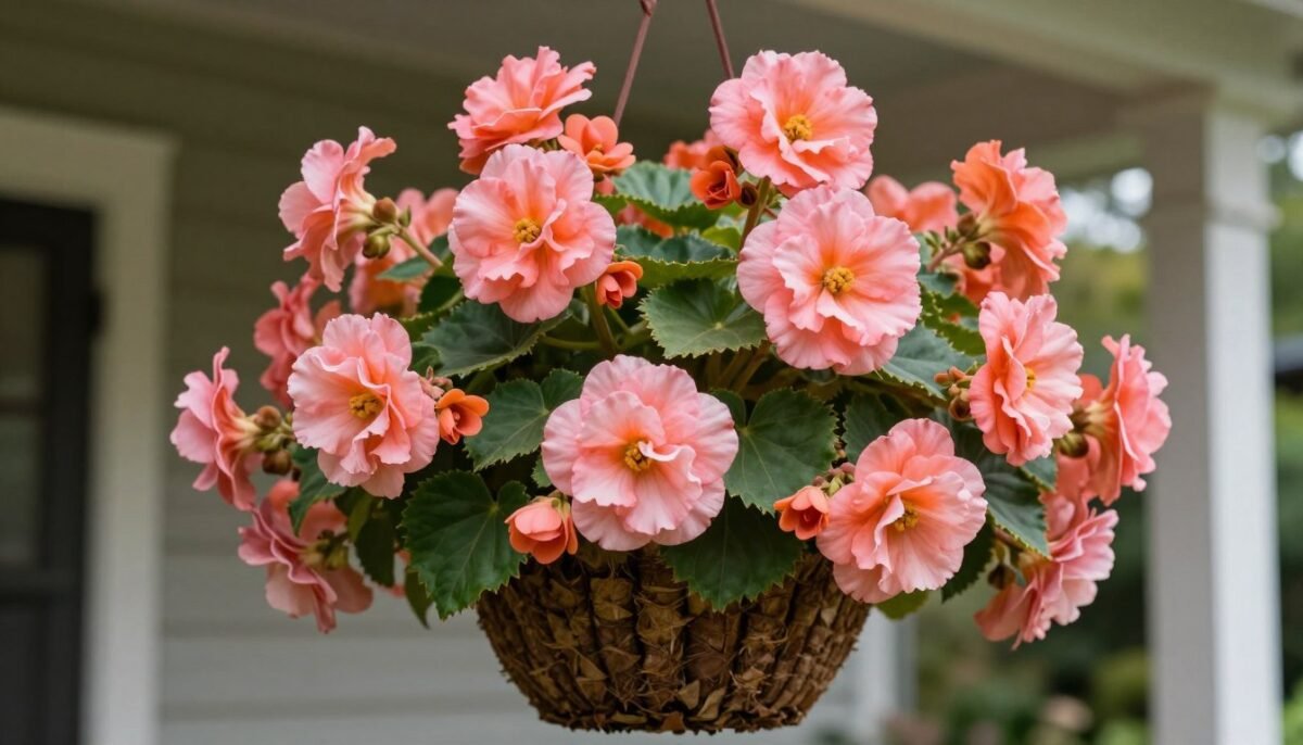 Vibrant tuberous begonia hanging basket with large pink and orange ruffled blooms in shade garden