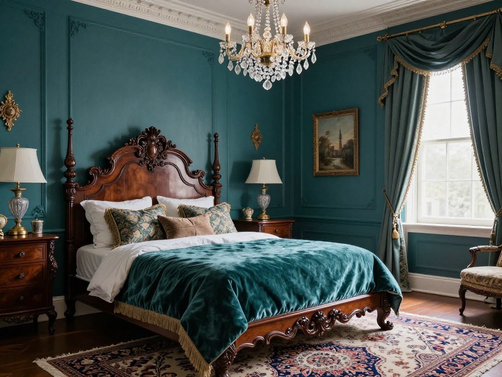 Victorian bedroom with teal walls and carved cherry furniture