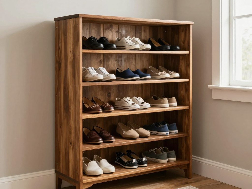 Vintage bookshelf repurposed as organized shoe storage in bedroom closet