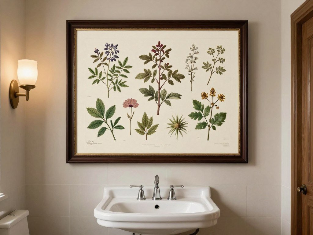 Vintage botanical illustration in traditional bathroom