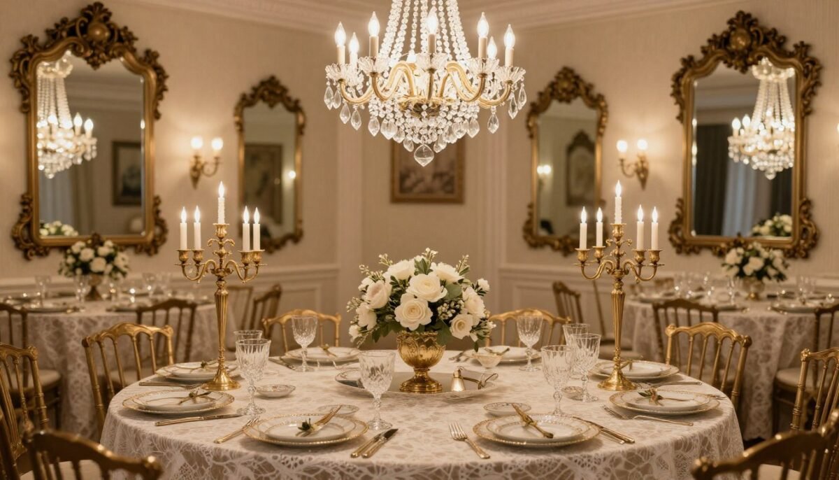Vintage glamour wedding reception with crystal and gold details