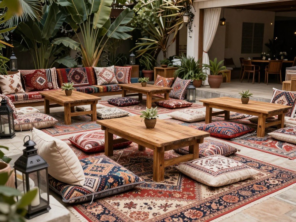 Vintage rugs for bohemian wedding lounge area