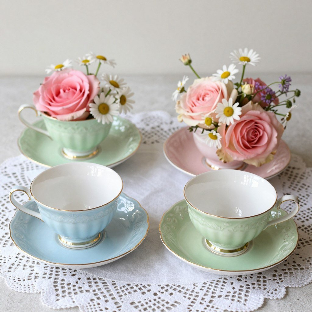 Vintage teacups filled with fresh flowers for wonderland centerpiece