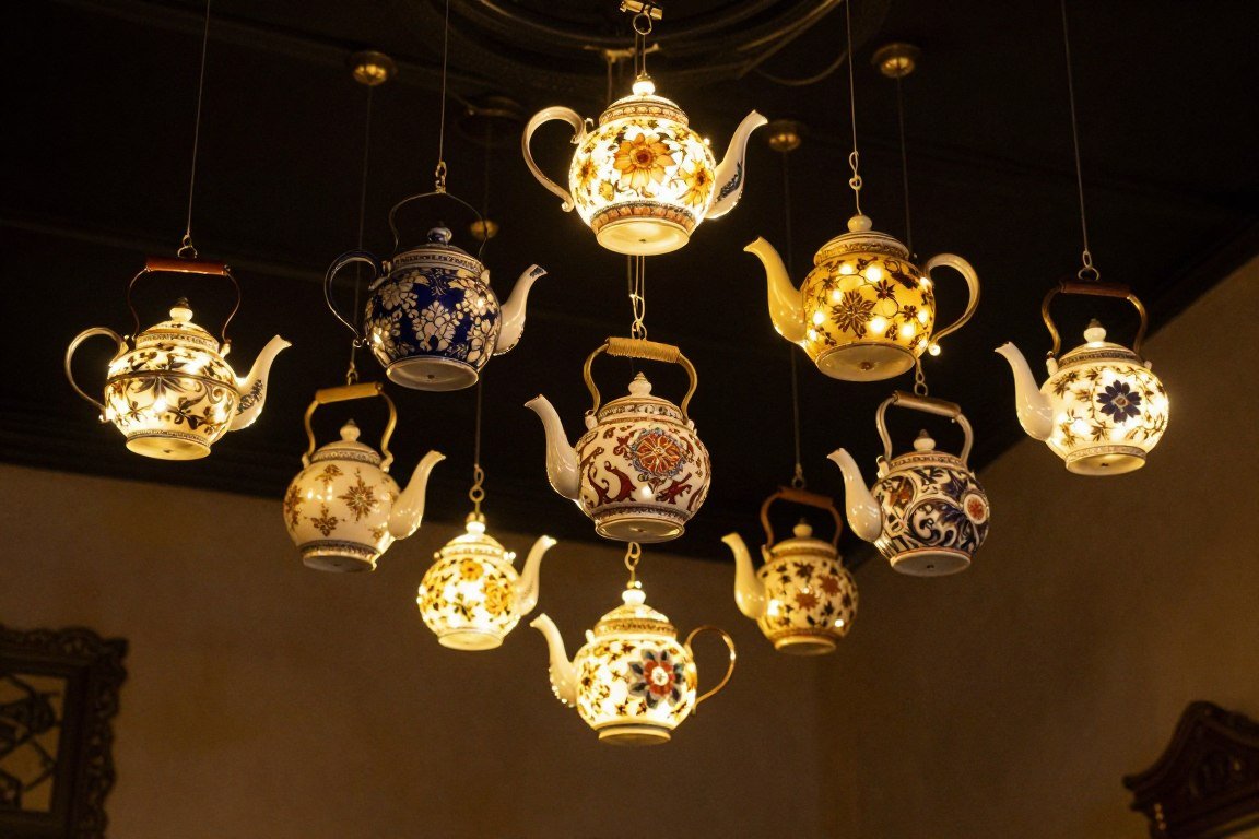Vintage teapots converted into hanging lanterns with lights inside