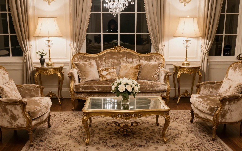 Vintage wedding lounge area with antique furniture