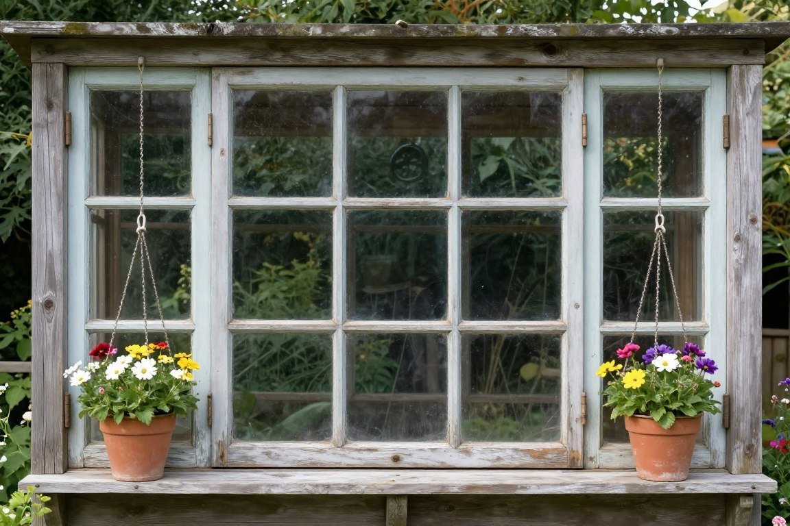 Vintage window frame integrated into mud kitchen design creating storefront effect