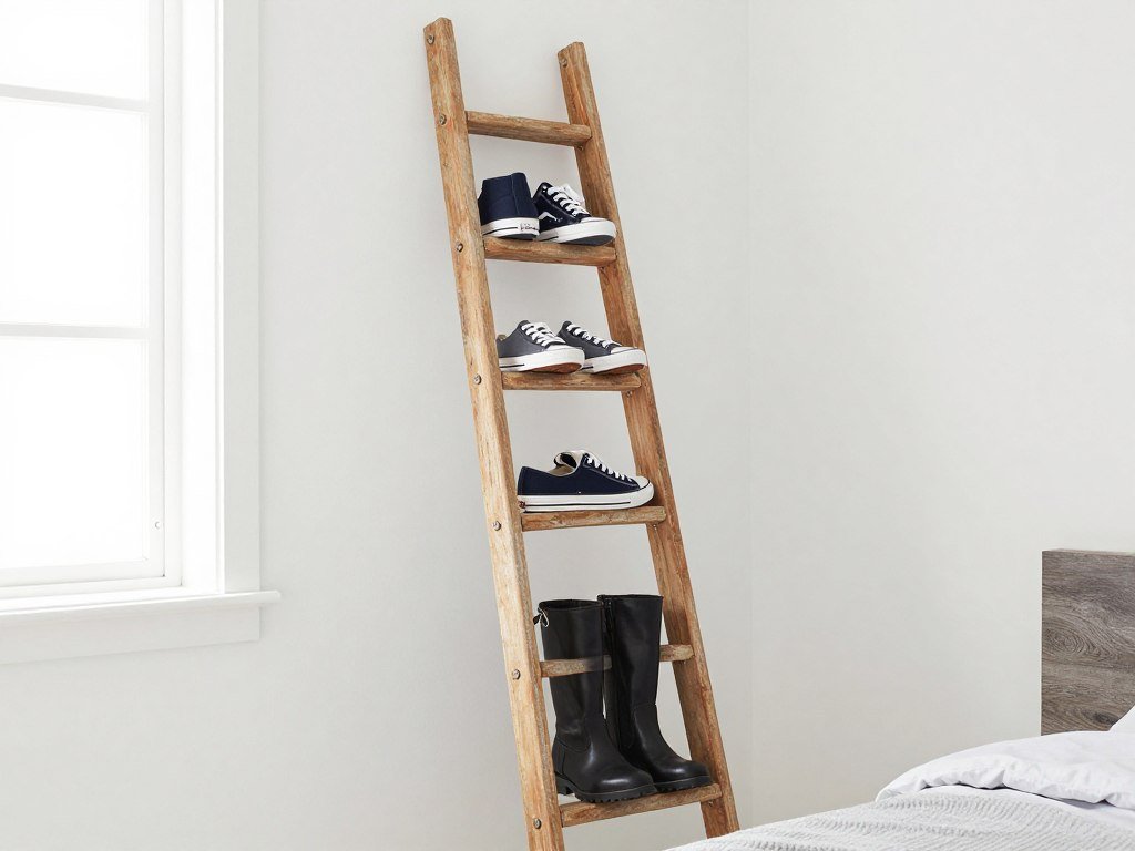 Vintage wooden ladder repurposed as decorative DIY shoe storage display