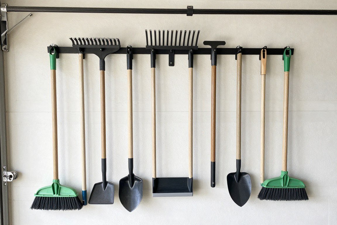 Wall-mounted garden tool organizer with rakes and shovels