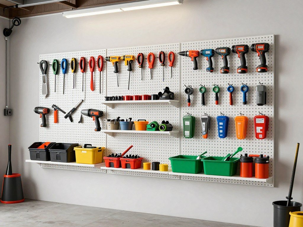 Wall-mounted pegboard system in garage with organized tools and accessories