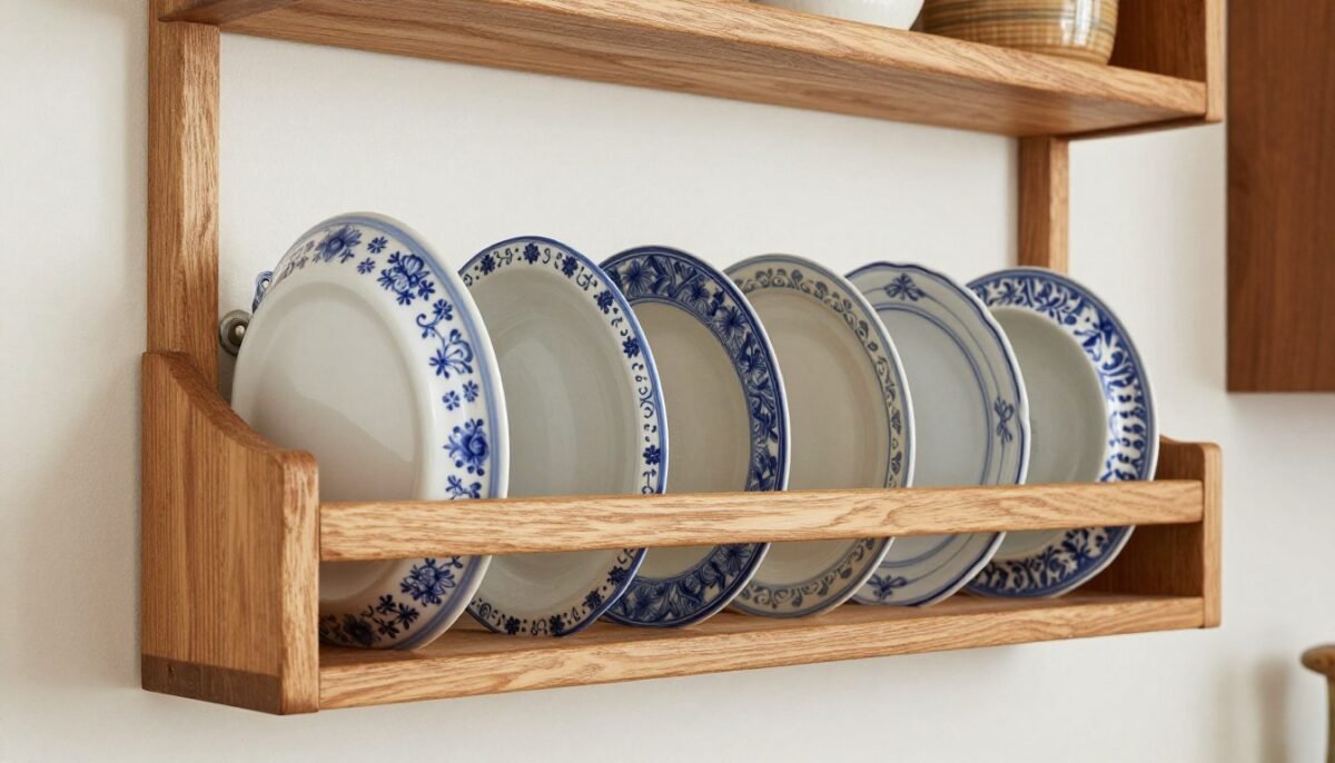 Wall-mounted wooden plate rack displaying vintage ceramic plates in vertical slots