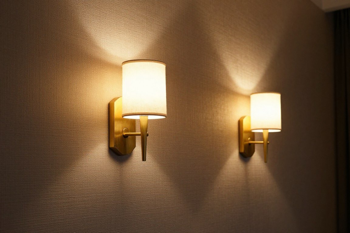 Wall sconces illuminating textured wallpaper in powder bathroom