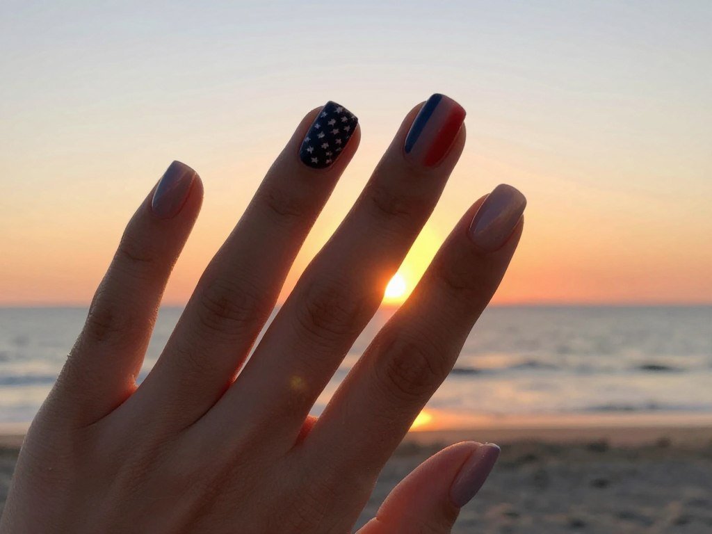 Warm sunset gradient gel nail designs incorporating patriotic colors for summer evenings