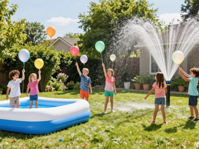 Water Party Ideas For Kids with colorful water balloons and summer splash activities in backyard setting