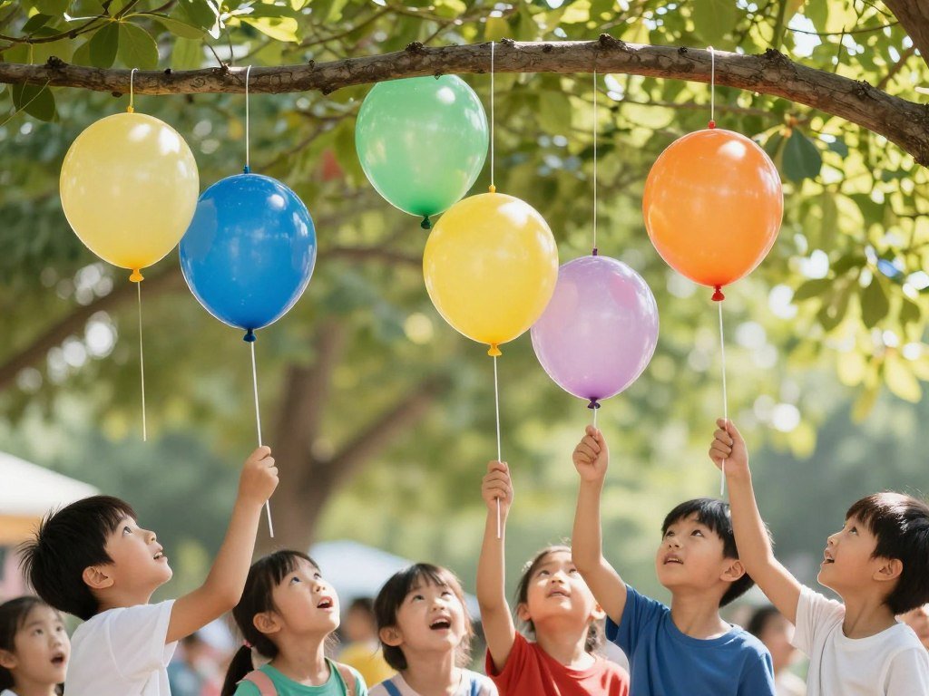 Water balloon piñata hanging from tree for kids party game
