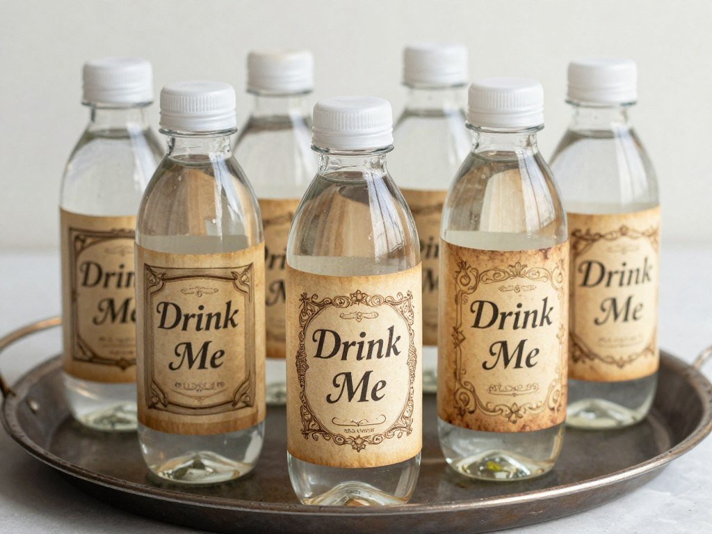 Water bottle wraps with Drink Me labels for party beverages