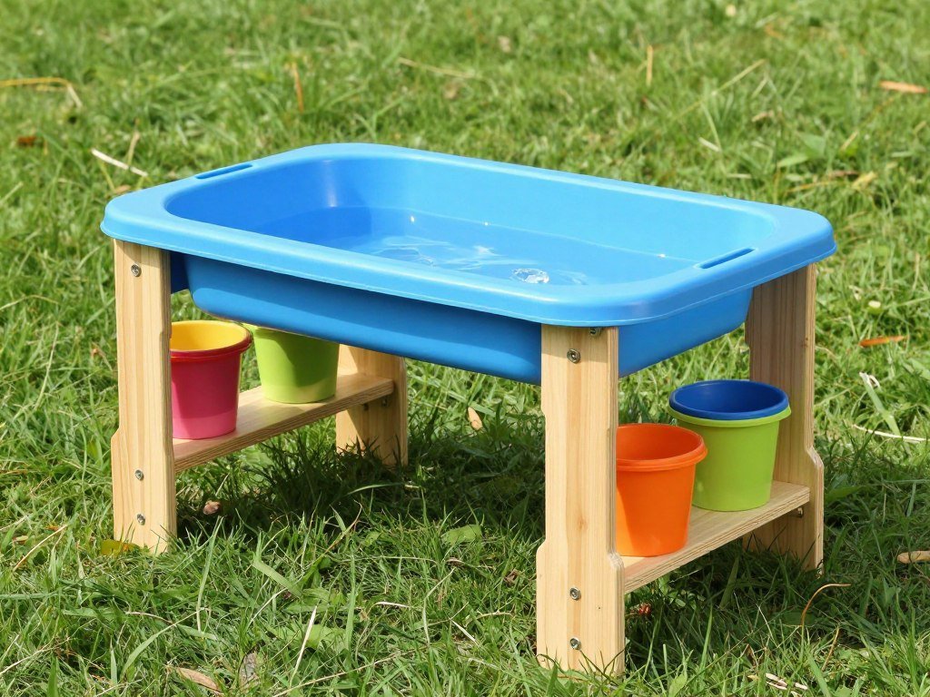 Water play table converted to mud kitchen with added shelves and storage hooks