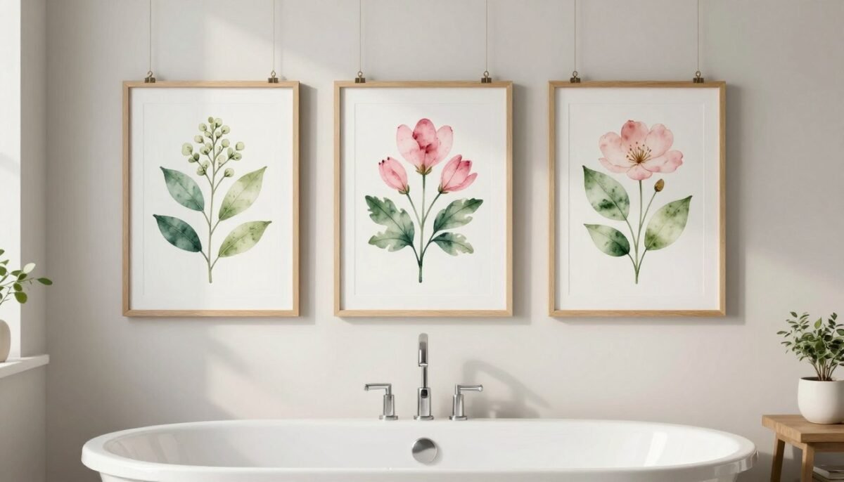 Watercolor botanical series in spa bathroom