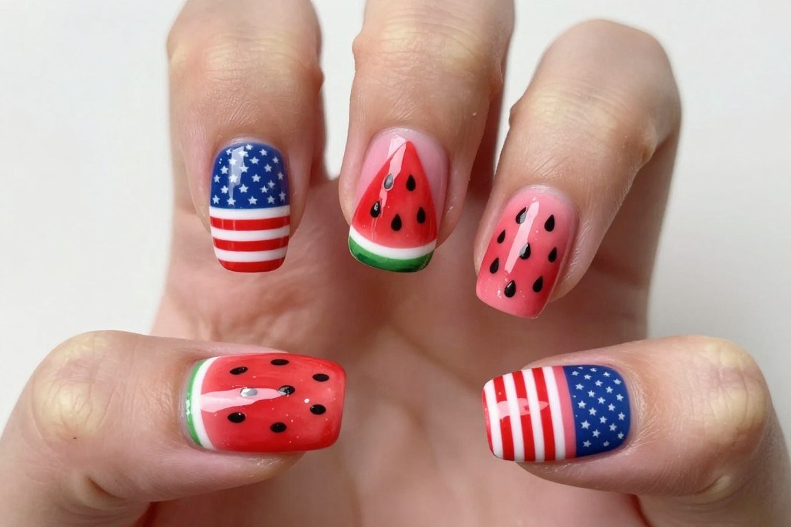 Watermelon and patriotic themed nail art design for summer July 4th