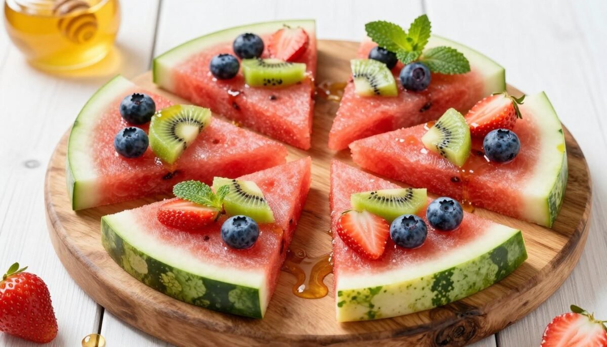 Watermelon pizza slices topped with various fruits Watermelon pizza slices topped with various fruits