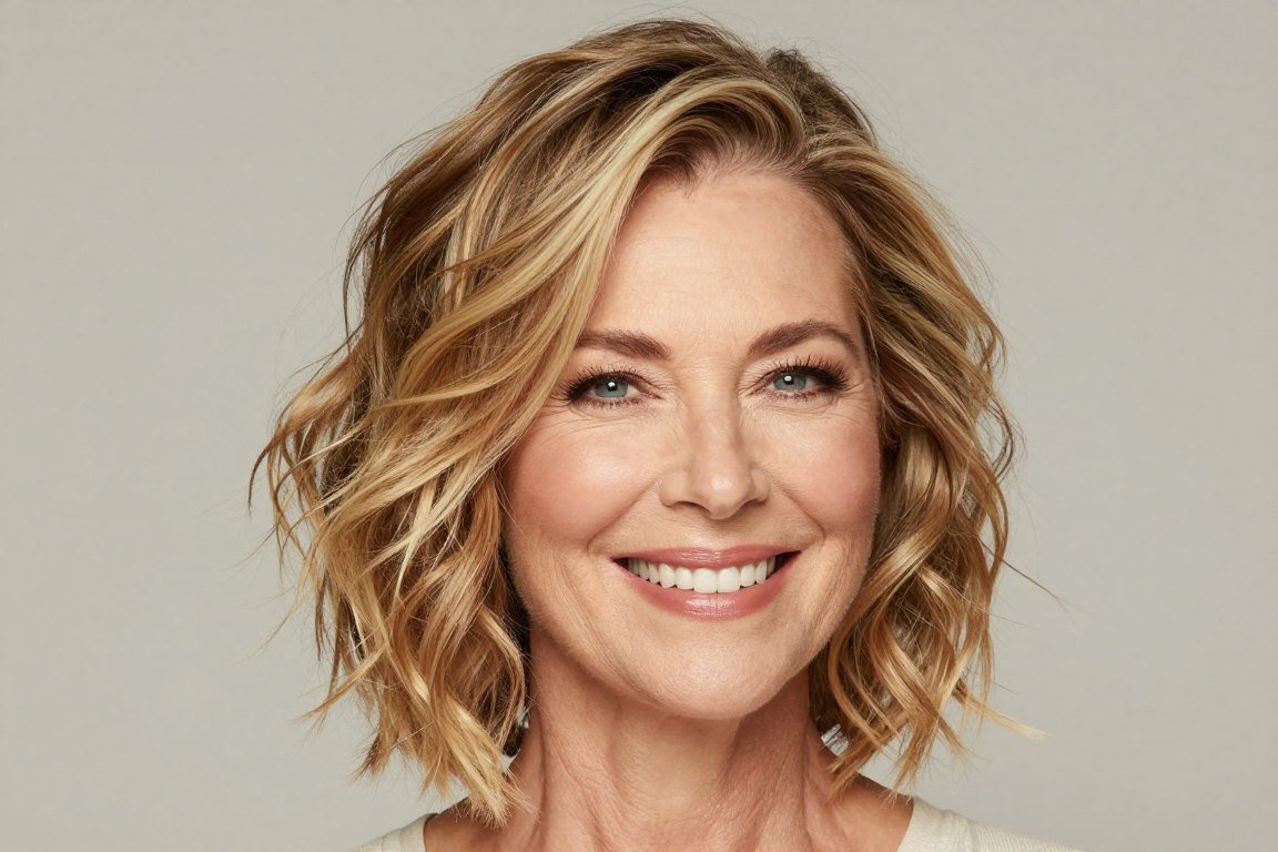 Wavy bob with blonde highlights adding dimension for older women
