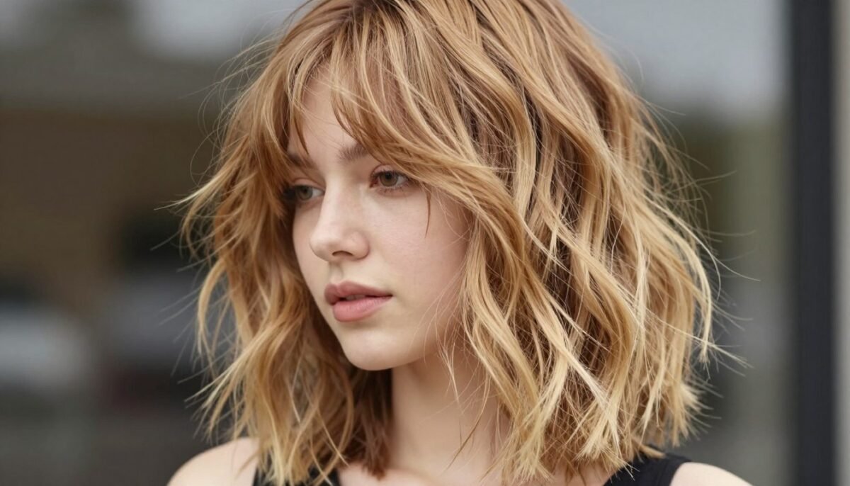 Wavy medium shag haircut with wispy bangs and natural texture
