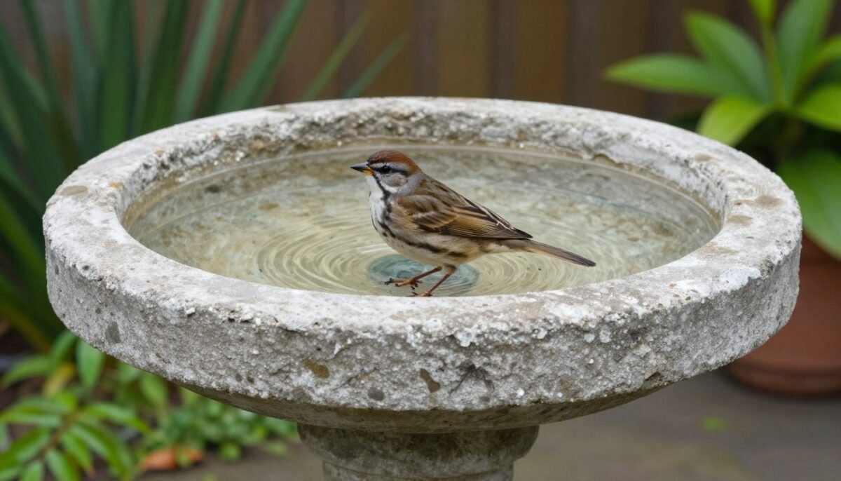 Well-maintained concrete bird bath showing proper care and longevity