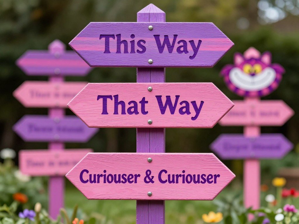 Whimsical directional signs with Cheshire Cat smile pointing different ways
