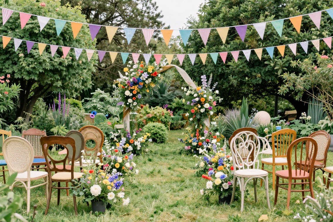 Whimsical garden wedding with colorful decorations