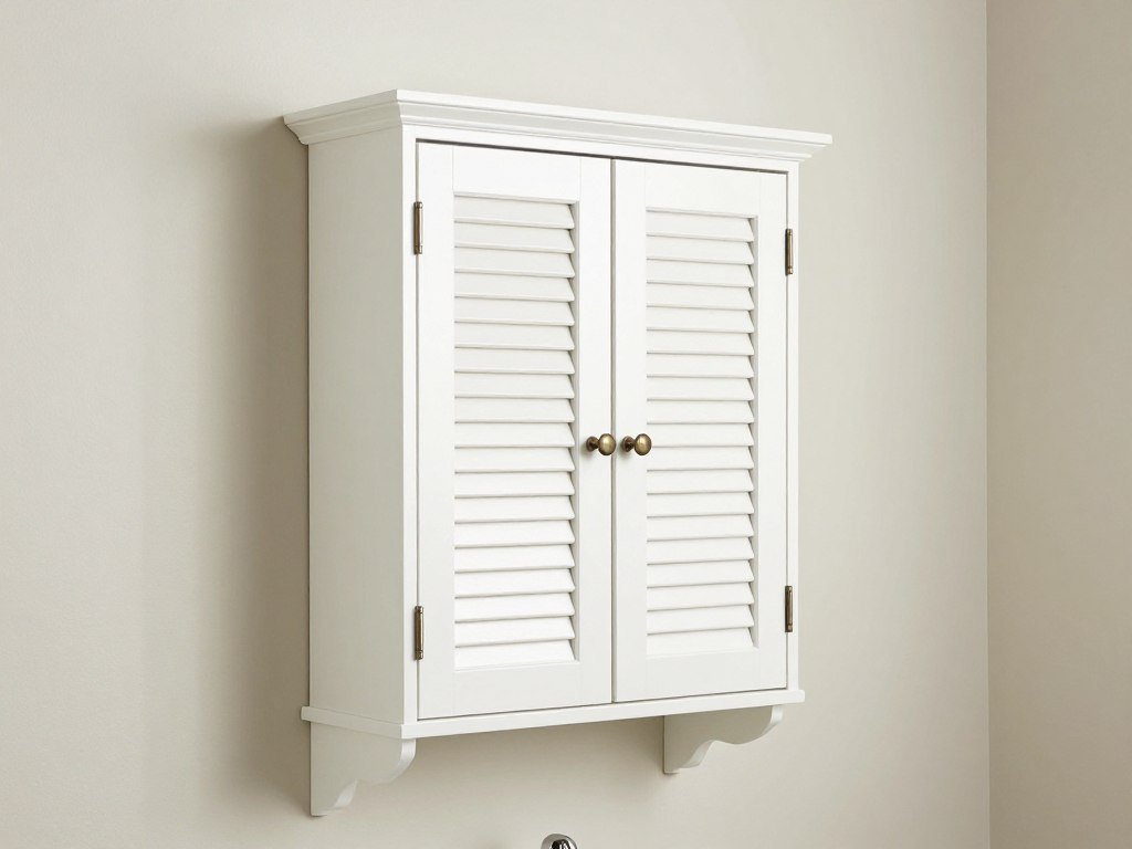 White bathroom storage cabinet with doors mounted above toilet