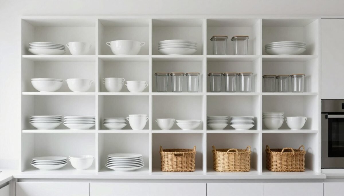 White built-in cubby shelving system in kitchen displaying organized dishes and containers