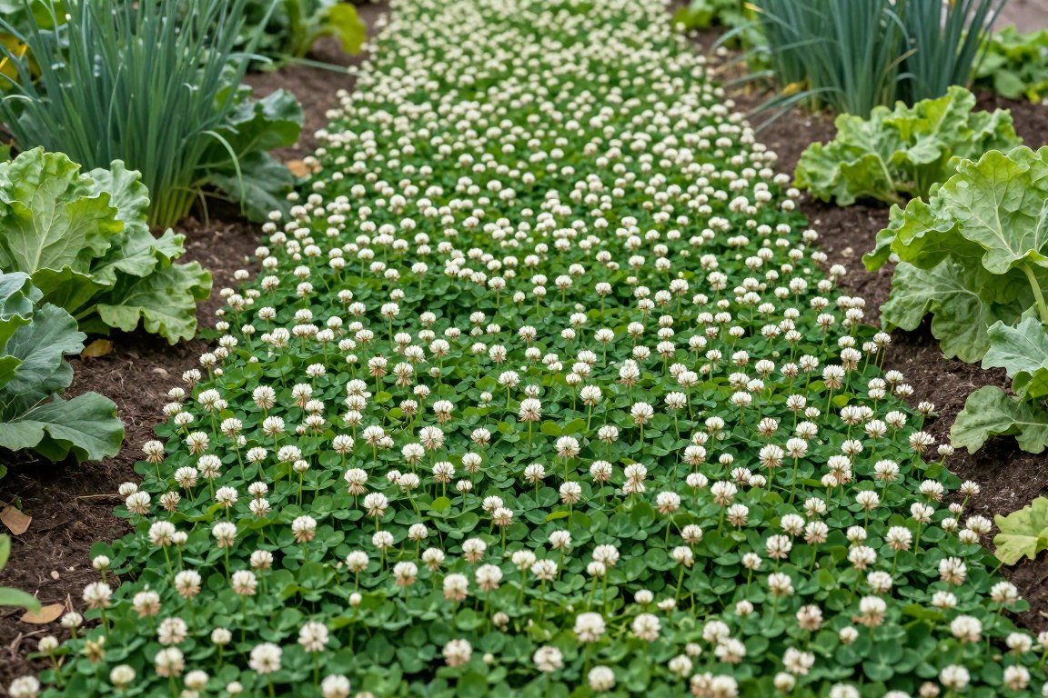 White clover pathway through vegetable garden
