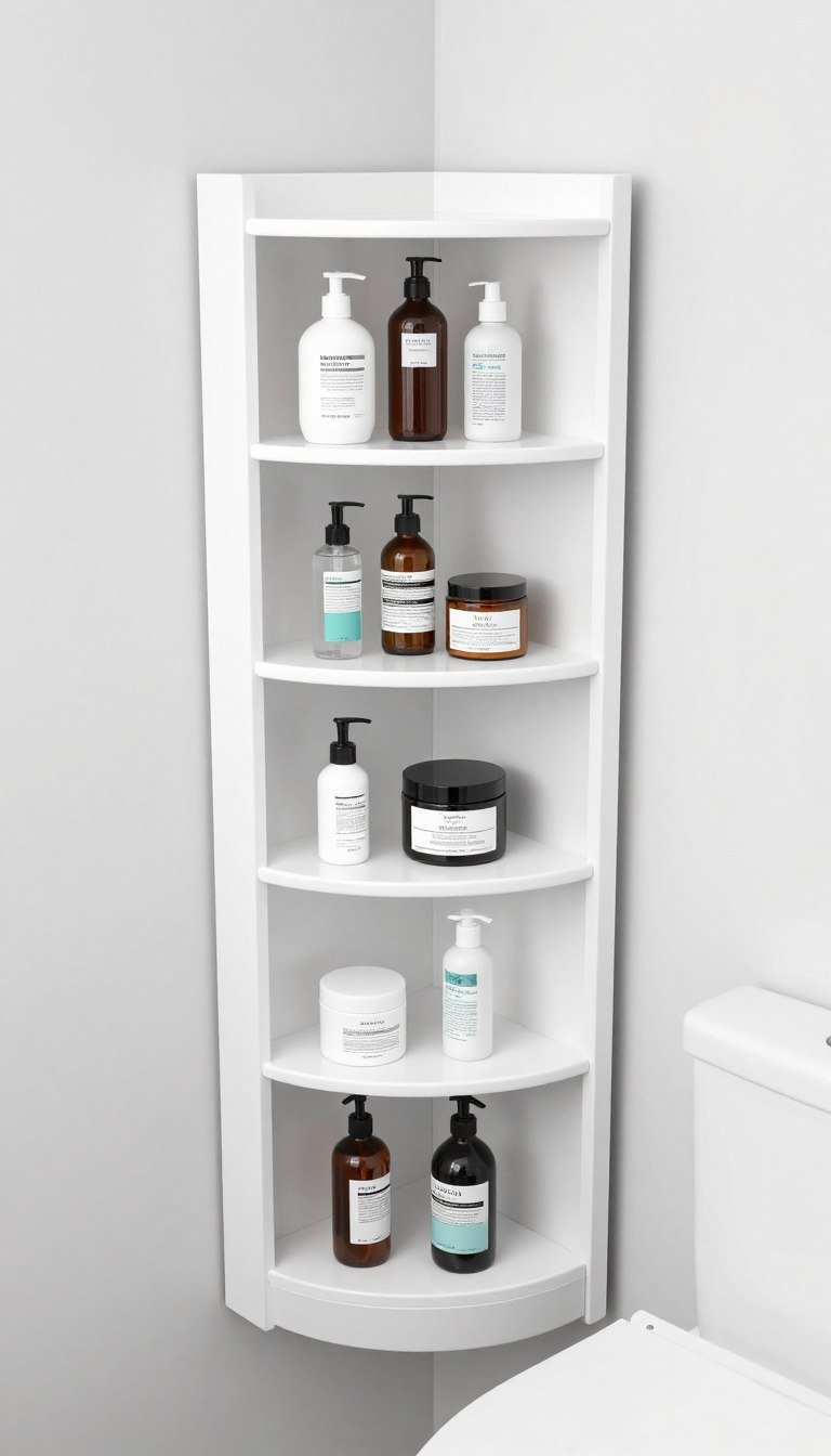 White corner shelf unit above toilet in small bathroom