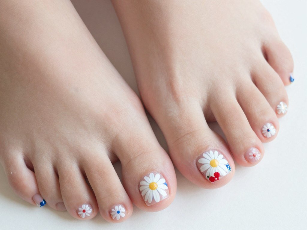 White daisies with blue and red accent flowers creating feminine patriotic toe nail art