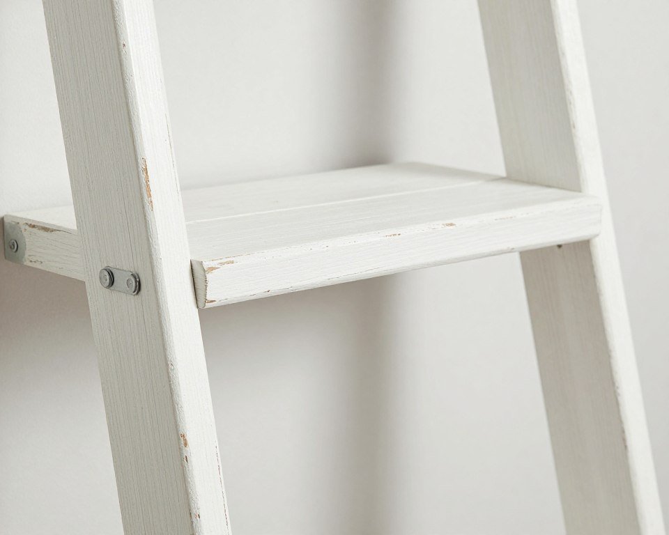White distressed farmhouse ladder shelf detail