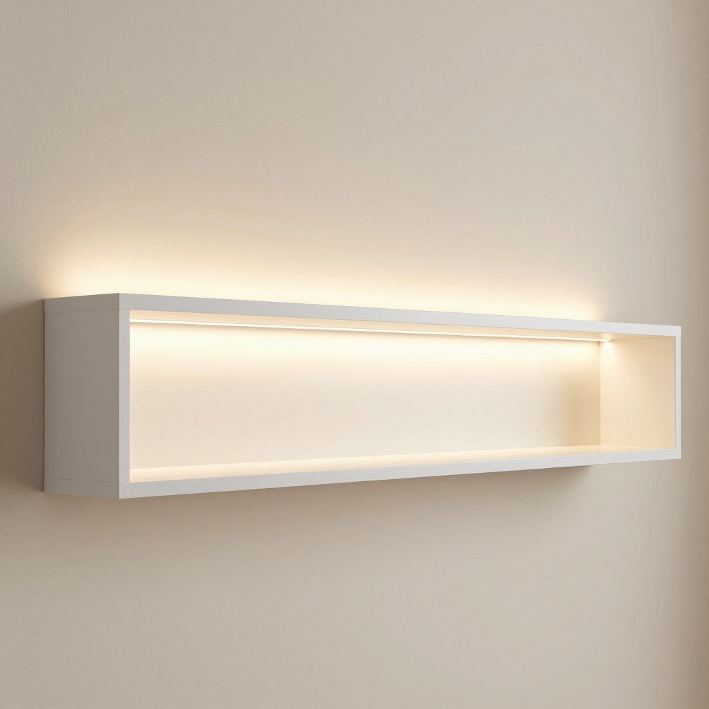 White floating shelf with integrated LED strip lighting
