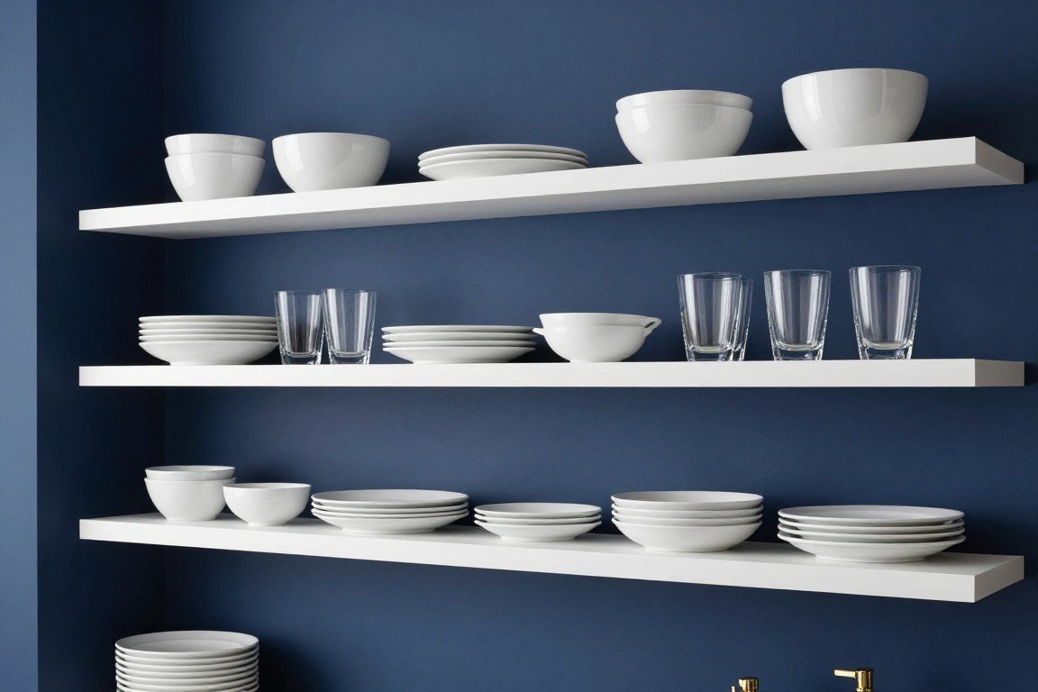 White floating shelves against navy blue painted wall displaying white dishes