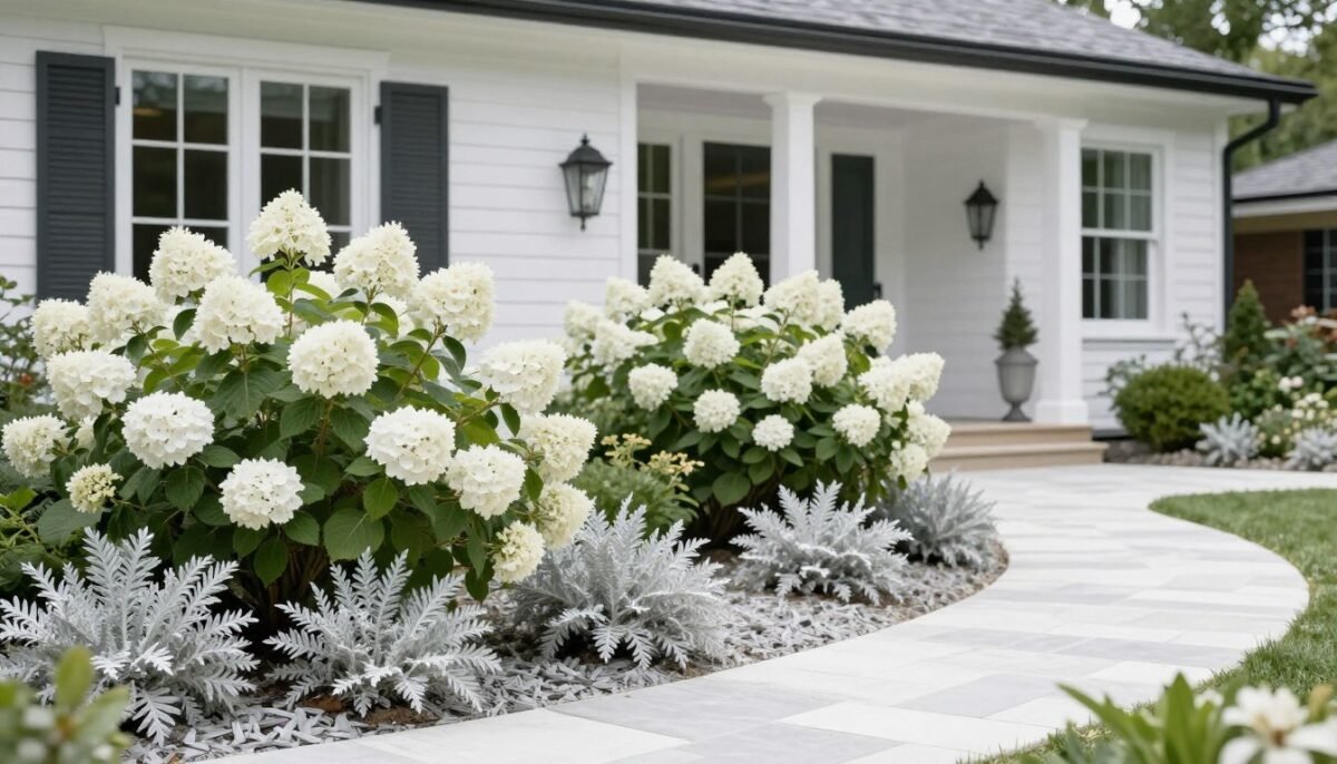 White hydrangea garden with monochromatic planting scheme