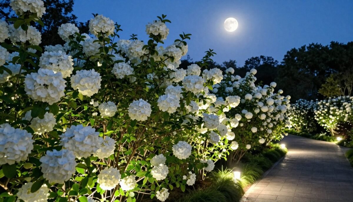 White hydrangeas illuminated by landscape lighting at dusk