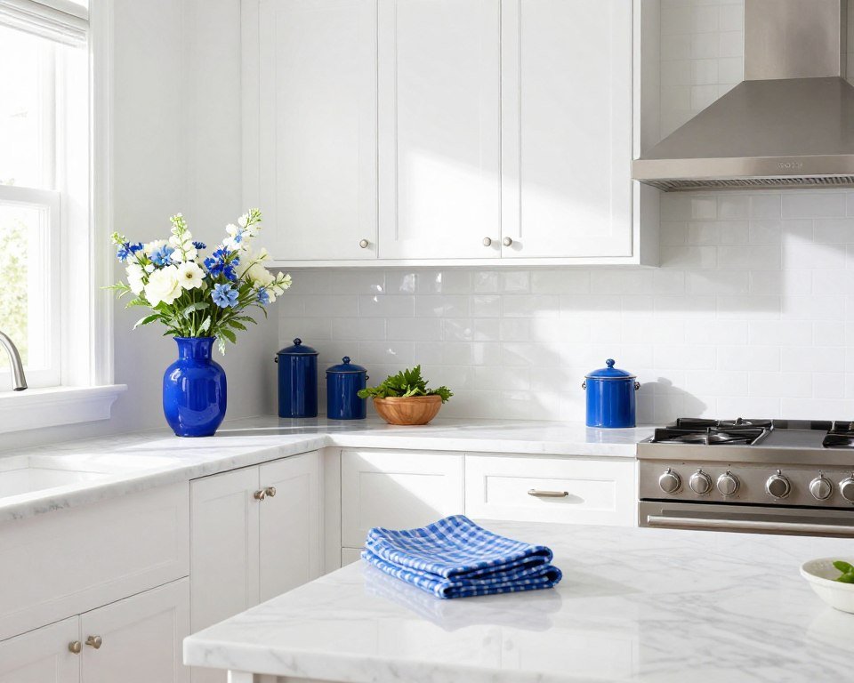 White kitchen with blue decorative accessories and textiles