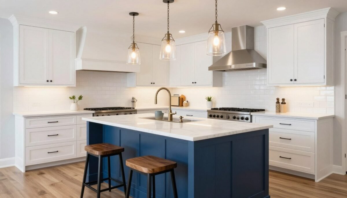 White kitchen with statement blue island in the center White kitchen with statement blue island in the center