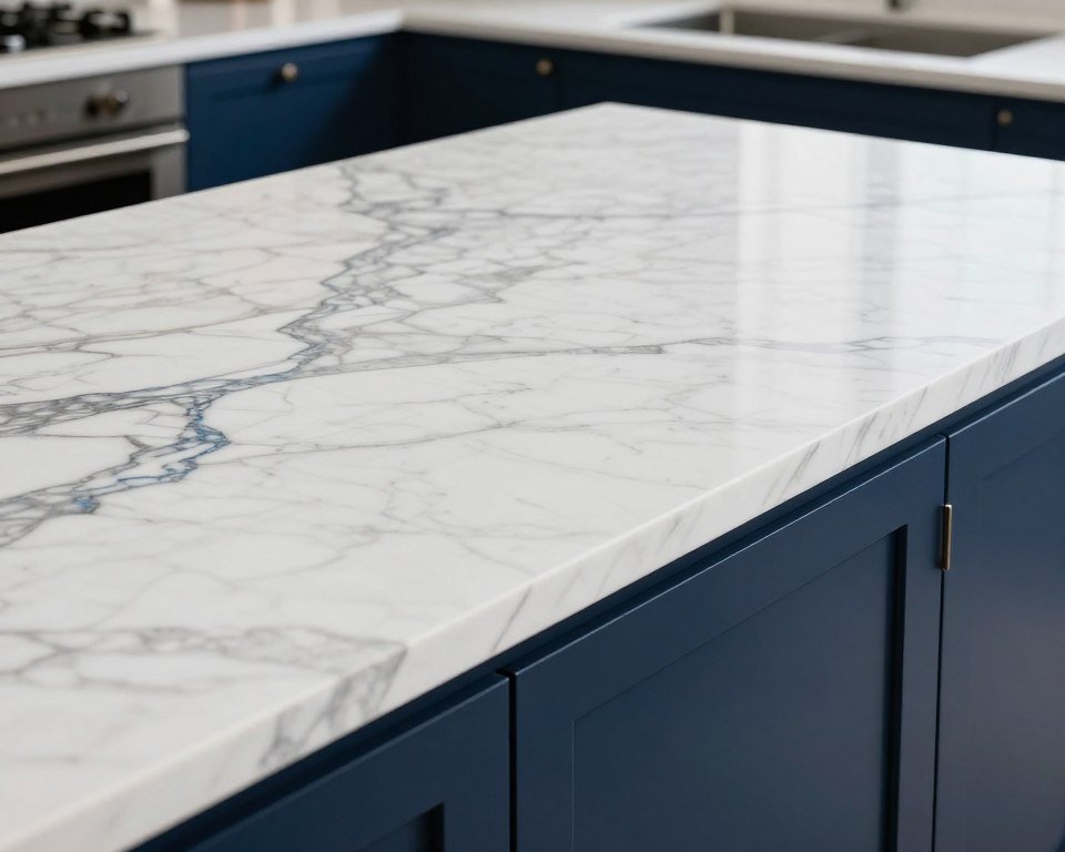 White marble countertops with natural blue-gray veining