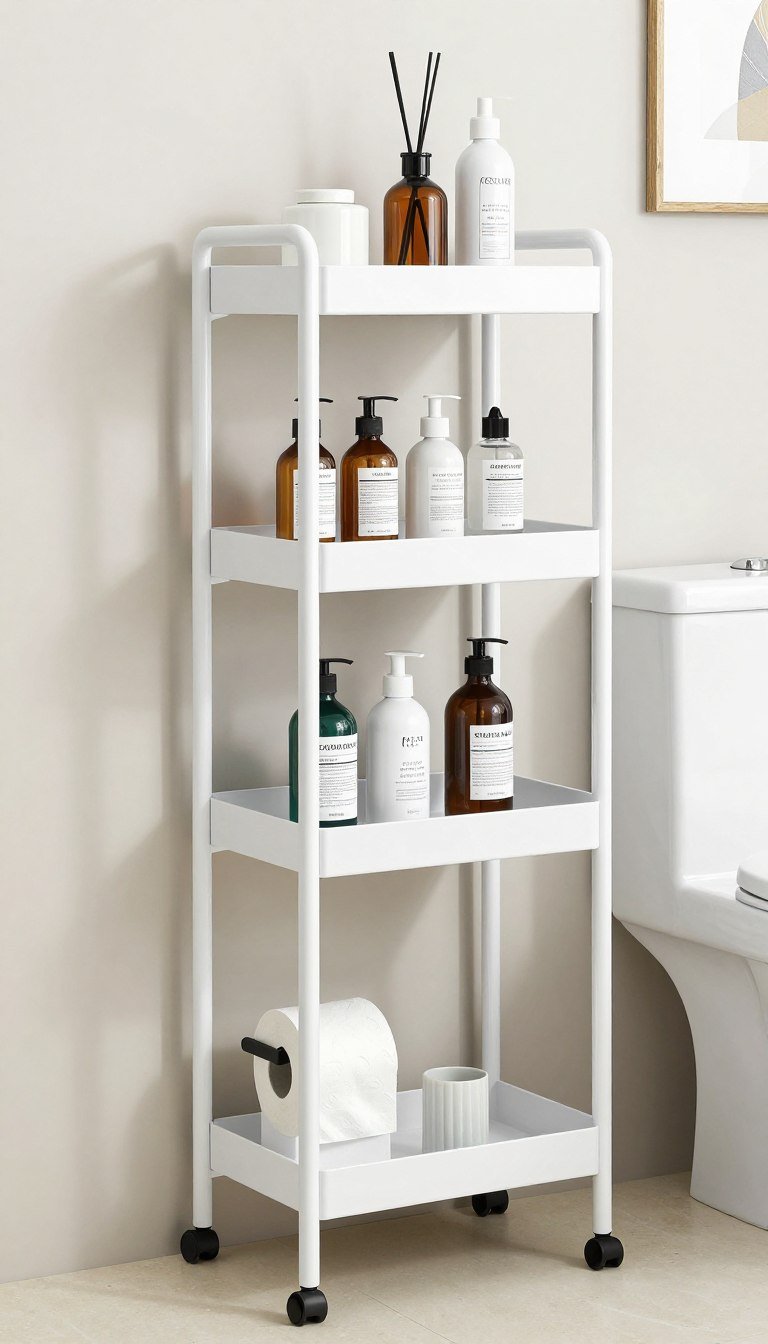 White metal three-tier storage tower positioned over toilet