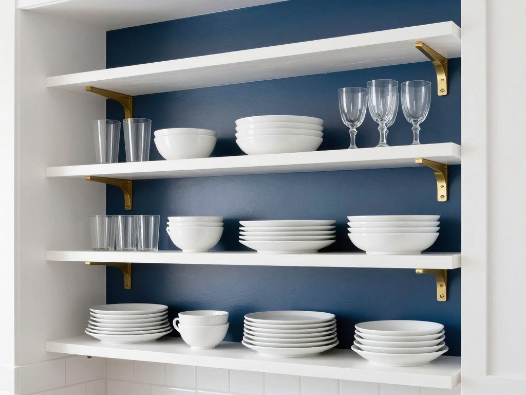 White open shelves with blue painted backing wall
