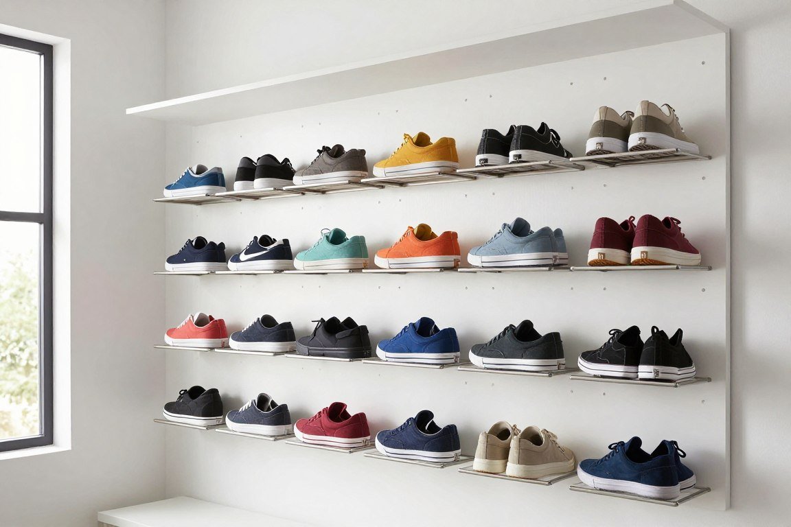 White pegboard wall with DIY shoe storage hooks displaying sneakers and casual footwear