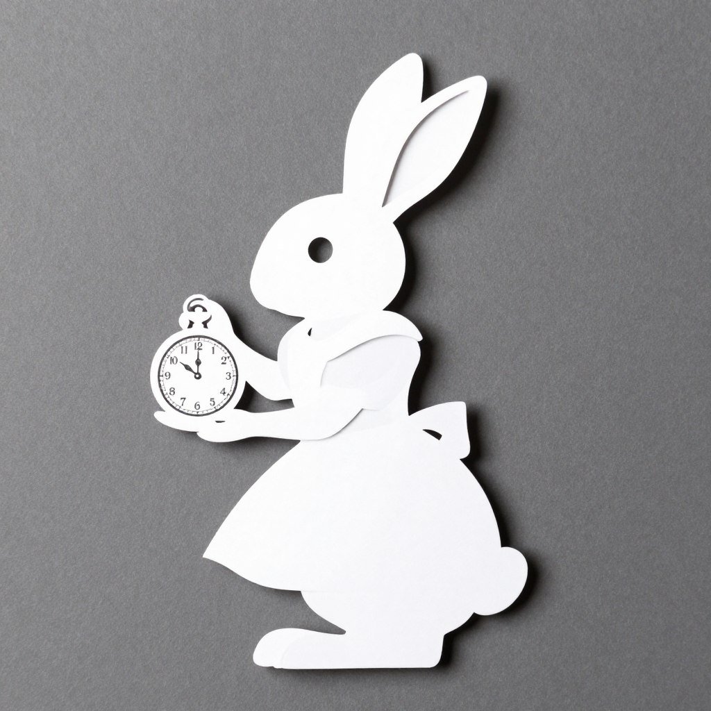 White rabbit silhouette cutout holding pocket watch decoration
